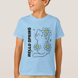 Minimalist Aesthetic Hello Spring Cat & Daisy  T-Shirt