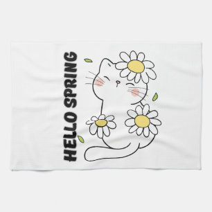 Minimalist Aesthetic Hello Spring Cat & Daisy  Tea Towel