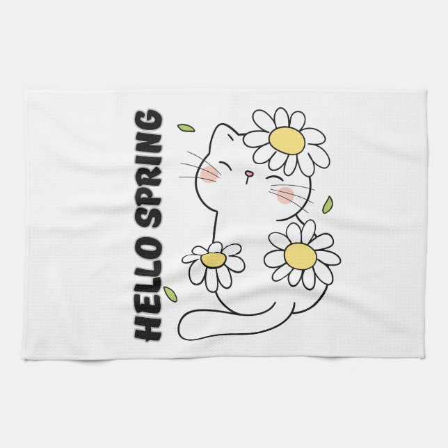 Minimalist Aesthetic Hello Spring Cat & Daisy  Tea Towel (Horizontal)