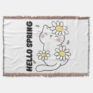 Minimalist Aesthetic Hello Spring Cat & Daisy  Throw Blanket