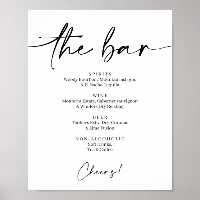 Minimalist Alcohol Bar List Sign Poster Wedding (Front)