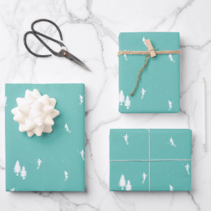Minimalist Alpine Skiers Skiing Illustration Blue  Wrapping Paper Sheet