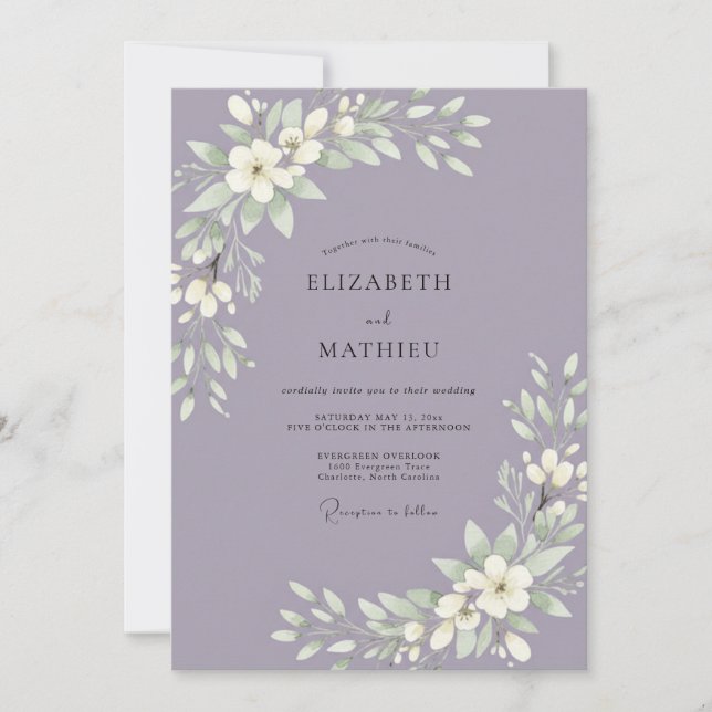 Minimalist Amethyst Leafy Wedding Invitation (Front)