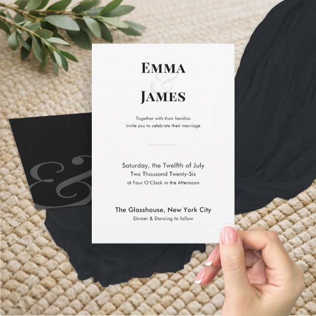 Minimalist Ampersand Wedding Invitation | QR Code (Modern black wedding invitation with QR Code & minimalist typography and refined contemporary style.)