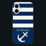 Minimalist Anchor & Stripes Nautical iPhone 16 Case<br><div class="desc">Minimalist stripes & Anchor Design
Personalise your name (or delete all text!) and background colour (shown as blue),  add your own images,  etc... it's up to you,  it's a template! :)
Check out the shop for matching items.</div>