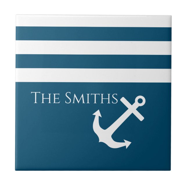 Minimalist Anchor & Stripes Nautical Ceramic Tile (Front)