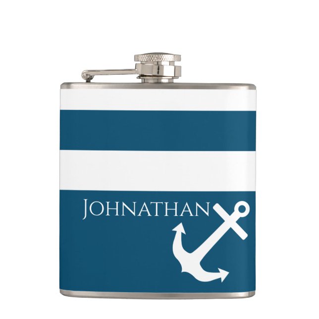 Minimalist Anchor & Stripes Nautical Hip Flask (Front)