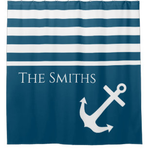 Minimalist Anchor & Stripes Nautical Shower Curtain