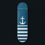 Minimalist Anchor & Stripes Nautical  Skateboard<br><div class="desc">Minimalist stripes & Anchor Design
Personalise your name (or delete all text!) and background colour (shown as blue),  add your own images,  etc... it's up to you,  it's a template! :)
Check out the shop for matching items.</div>
