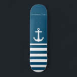 Minimalist Anchor & Stripes Nautical  Skateboard<br><div class="desc">Minimalist stripes & Anchor Design
Personalise your name (or delete all text!) and background colour (shown as blue),  add your own images,  etc... it's up to you,  it's a template! :)
Check out the shop for matching items.</div>