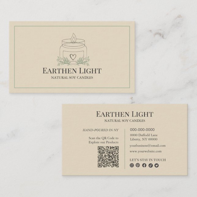 Minimalist and Modern Candle Botanical QR Code Business Card (Front/Back)