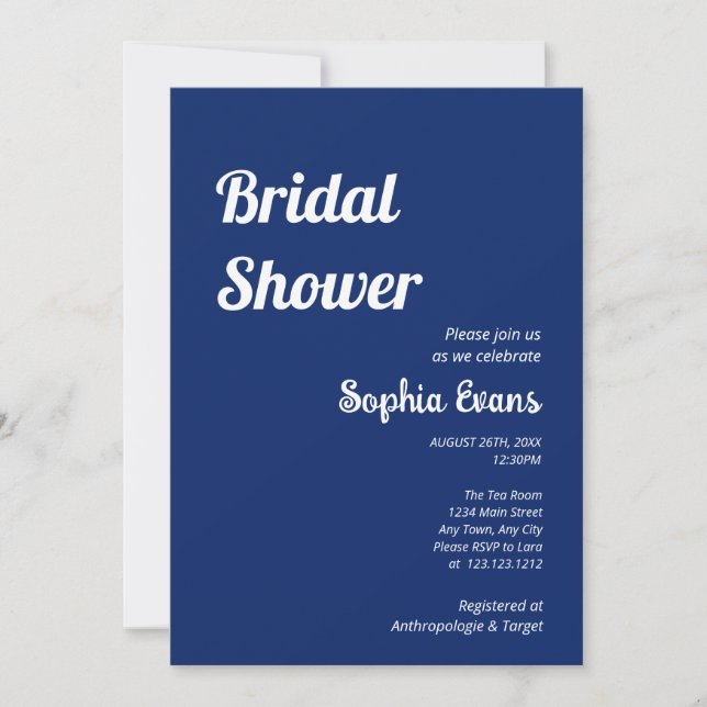 Minimalist and Simple Dark Sapphire Bridal Shower Invitation (Front)
