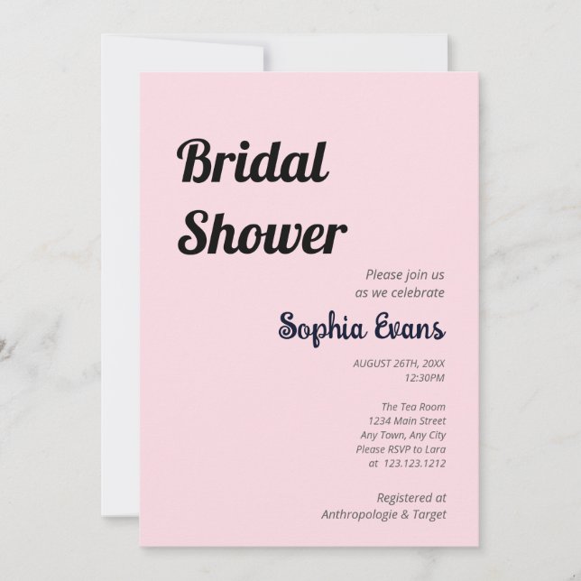 Minimalist and Simple Soft Pink Bridal Shower Invitation (Front)