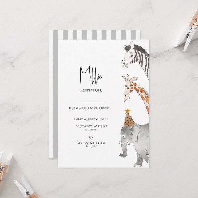 Minimalist Animal Themed Birthday Invitation (Front/Back In Situ)