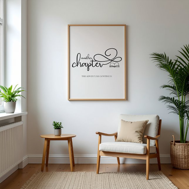 Minimalist Another Chapter Book Lover Art Poster (minimalist wall art on the wall over plants a table and a chair)