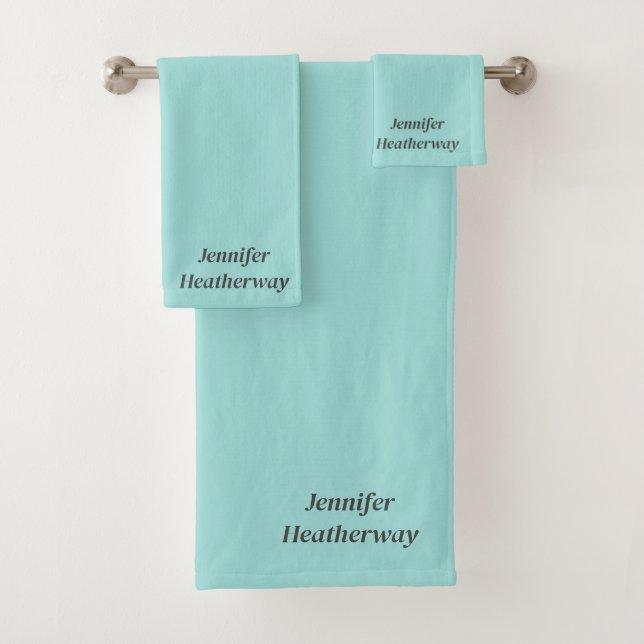 Minimalist aqua blue custom name bath towel set (Insitu)