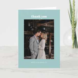 Minimalist Aqua Blue Wedding Photo Folded Thank You Card