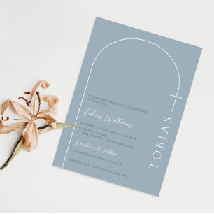 Minimalist arch cross blue christening invitation