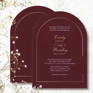 Minimalist Arch Dark Red White Gold Wedding Invitation