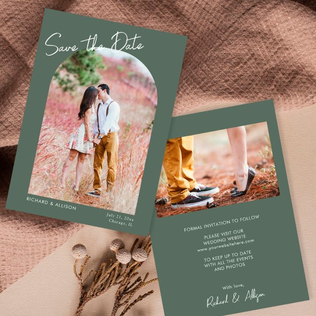 Minimalist arch green modern photo Save the Date Invitation (Creator Uploaded)