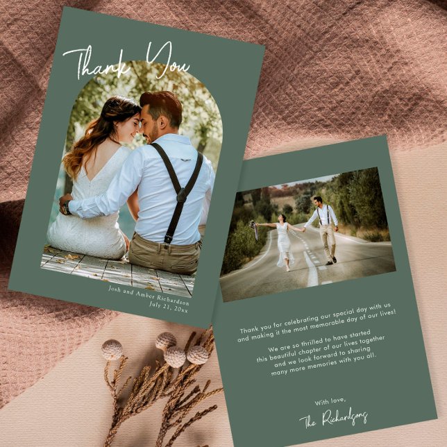 Minimalist arch green modern wedding thank you invitation (Creator Uploaded)