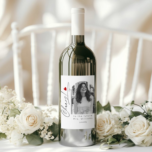 Minimalist Arch Photo Cheers Bridal Shower Wine Label (Creator Uploaded)