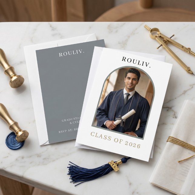 Minimalist Arch Photo Graduation | Rolling Stone Invitation (Minimalist Architectural Arch Graduation Invitation | Photo Class of 2026 | ROULIV Stone Grey & Gold)