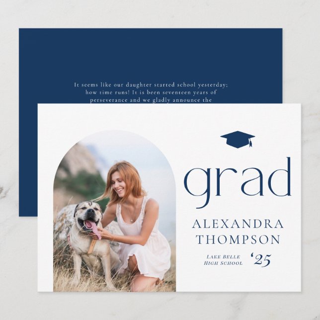Minimalist Arch Photo Navy Blue Photo Graduation Announcement (Front/Back)