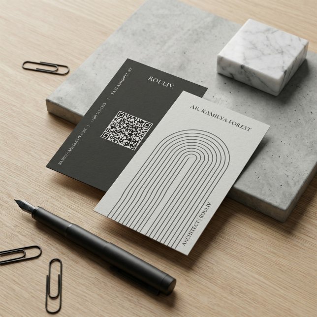 Minimalist Architectural Arch with QR Code Business Card (Minimalist Architectural Arch Business Card with QR Code | Stone Grey & Charcoal Quiet Luxury)