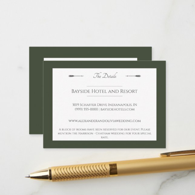 Minimalist Arrows Wedding | Olive Green Enclosure Card (Front/Back In Situ)