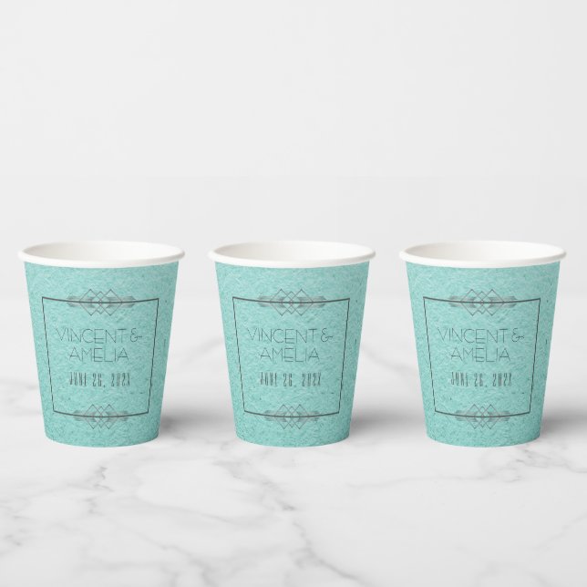 Minimalist Art Deco Blue Custom Wedding  Paper Cups (Multi)