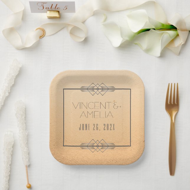 Minimalist Art Deco Peach Custom Wedding Paper Plate (Wedding)