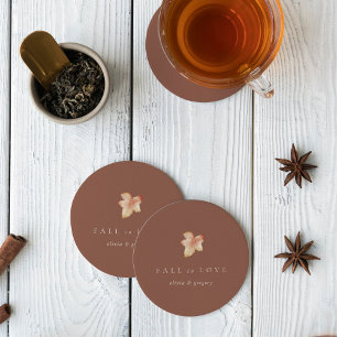 Minimalist Autumn Leaf "Fall in Love" Personalised Round Paper Coaster