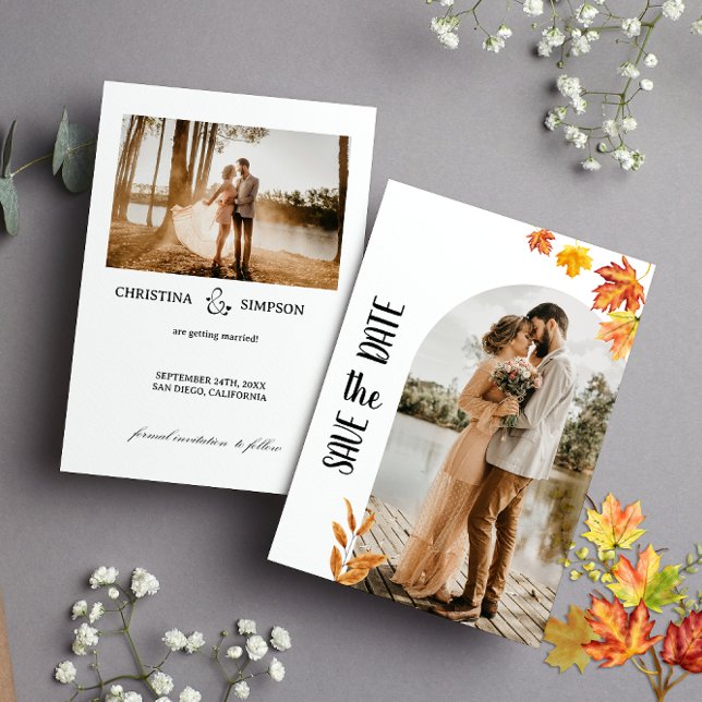 Minimalist Autumn Leaves, 2 Photo  Save the Date Invitation (Classic Autumn 2 Photo save the date)