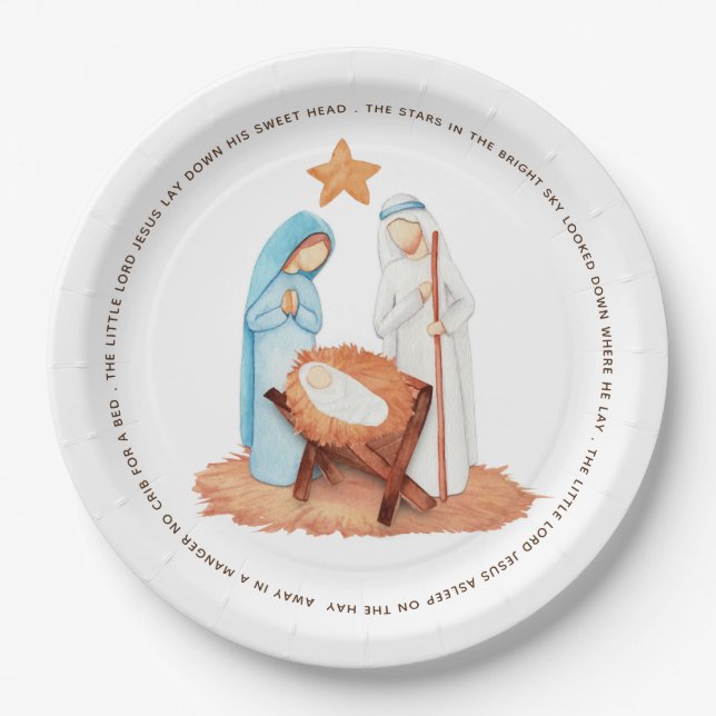 Minimalist Away In A Manger Lyrics Nativity Paper Plate (Front)