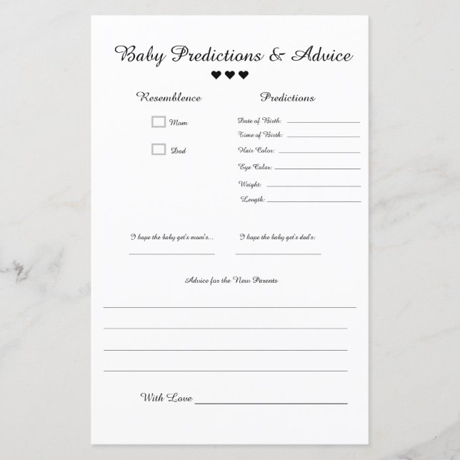 Minimalist B&W Baby Predictions & Advice (Front)