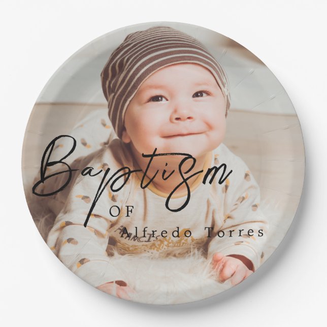 Minimalist Baby Baptism Invitation with Photo Paper Plate (Front)
