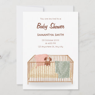 Minimalist baby bed with doll baby shower  invitation
