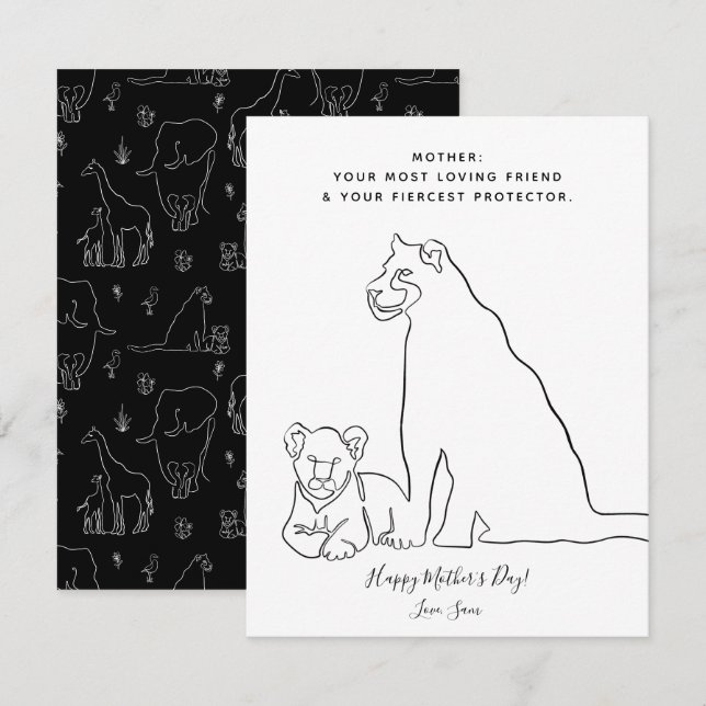 Minimalist Baby Lion Line Art Mother's Day Card (Front/Back)