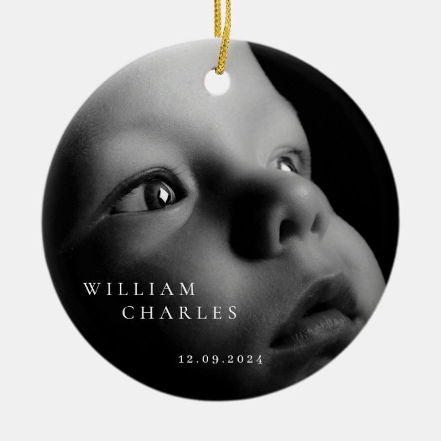 Minimalist Baby Name Christmas Photo Ceramic Ornament (Front)