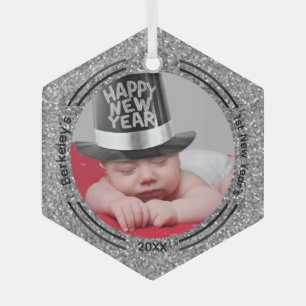 Minimalist Baby Photo  First New Years Glass Tree Decoration