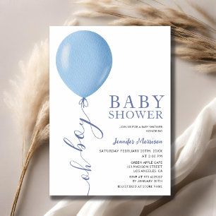 Minimalist Baby Shower Oh Boy Blue Balloon Invitation
