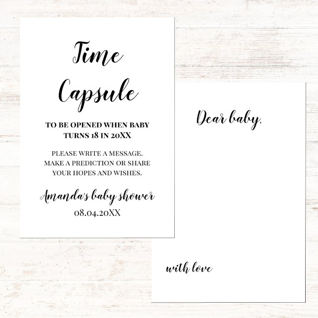 Minimalist Baby Shower Time Capsule Sign  Card (baby shower game time capsule, minimalist black and white gender neutral)