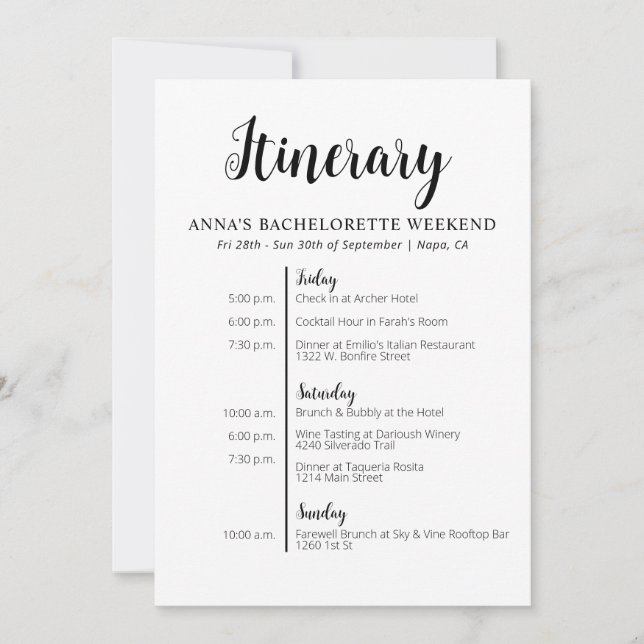 Minimalist Bachelorette Itinerary Invitation (Front)