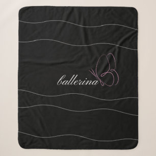 Minimalist Ballerina & Pink Butterfly Black Sherpa Blanket