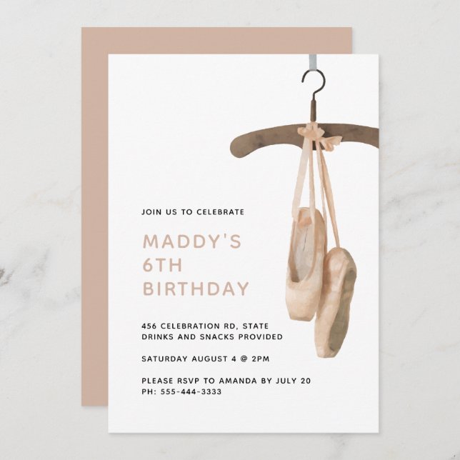 Minimalist Ballet Shoes Ballerina 6th Birthday  Invitation (Front/Back)