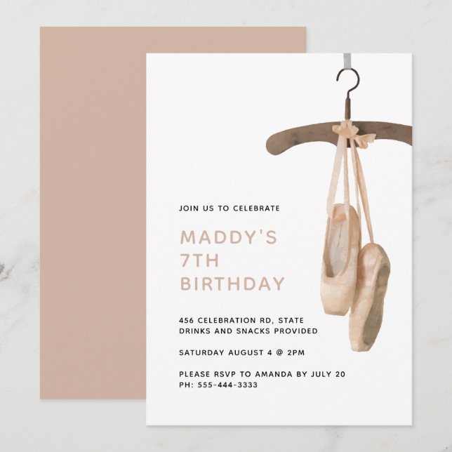 Minimalist Ballet Shoes Ballerina 7th Birthday  Invitation (Front/Back)