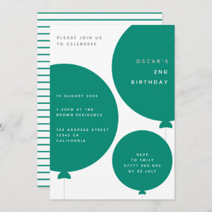 Minimalist Balloon   Green Kid's Birthday Party Invitation