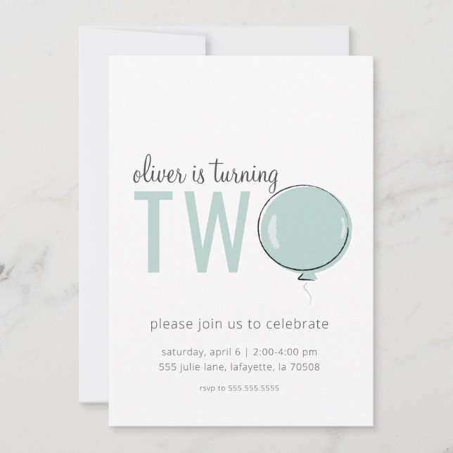 Minimalist Balloon Second Birthday Invitation (Front)