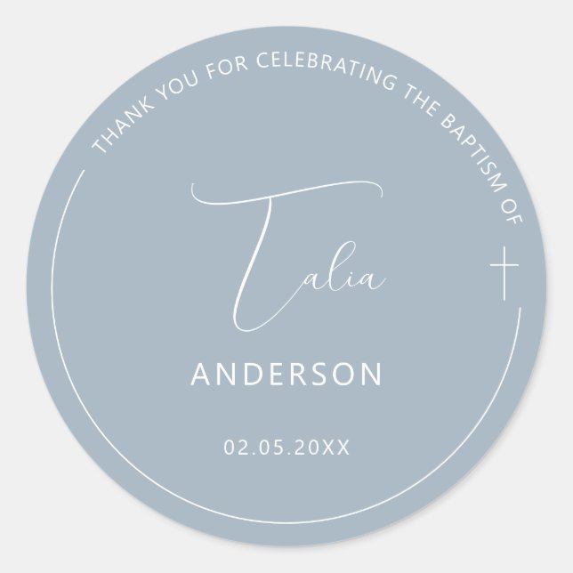 Minimalist Baptism Simple Cross Blue Classic Round Sticker (Front)